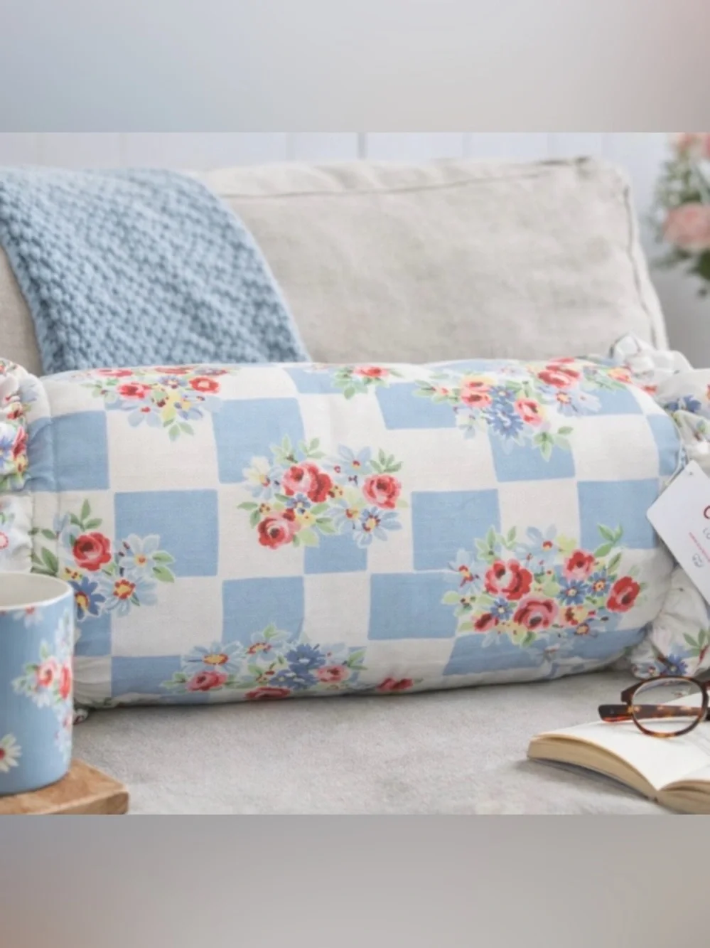 Cath Kidston NWT DAISY ROSE CHECK RUFFLE BLUE bolster pillow 8”x 20” - Picture 1 of 8